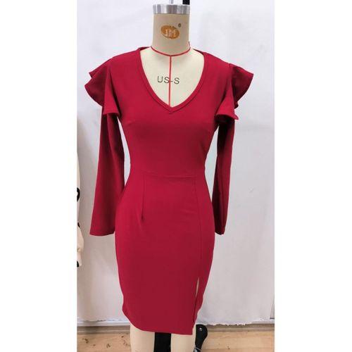 Kadın Uzun Kollu V Yakalı Yandan Yırtmaçlı Midi Ithal Krep Elbise