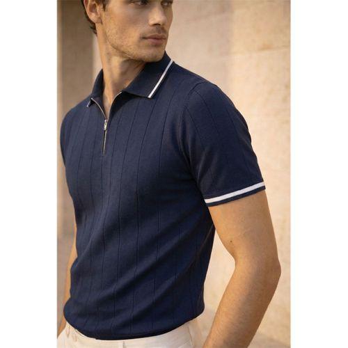Jared Yakası Şeritli Dik Çizgili Yarım Fermuar İnce Triko Erkek T-Shirt - Lacivert