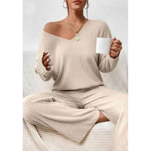 Kadın Uzun Kollu V Yakalı şardonlu Kaşkorse Bluz Ve Pantolon Ikili Takım