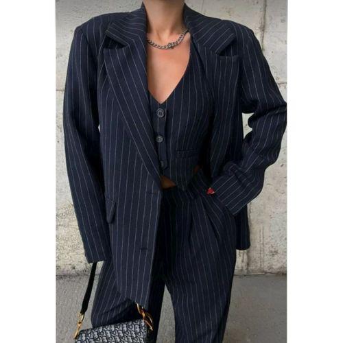 Pilelistore 3 Lü Takım Beyaz Çizgi Detaylı Crop Yelek Ceket Bol Kesim Bol Paça Pantolon Alt Üst Takım - Lacivert