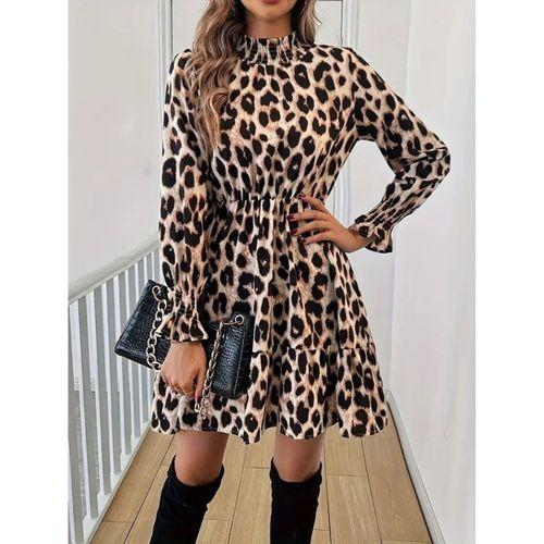 Kadın Uzun Kollu Yarı Balıkçı Yaka Leopar Desenli Modal Mini Elbise