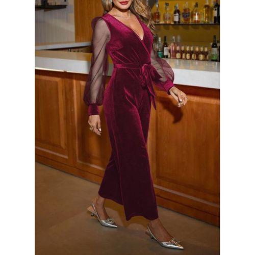 Kadın Uzun Kollu Kruvaze Yakalı Belden Kuşaklı Tül Detaylı Kadife Tulum