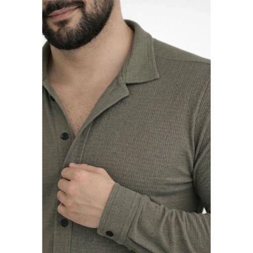 Erkek Waffle Kumaş Uzun Kollu Düğmeli Açık Yaka Regular Fit Gömlek - Haki