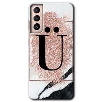 Samsung Galaxy S21 Kılıf HD Desen Baskılı Arka Kapak - Pembe Mermer Desenli Ü Harfi
