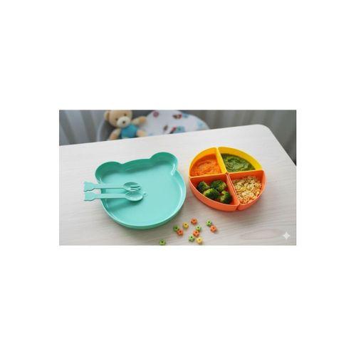 Minik Ayıcık Beslenme Seti | Bölmeli Mama Tabağı & Çatal Kaşık Seti Turkuaz - Turuncu
