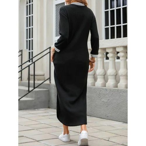 Kadın Uzun Kollu V Yakalı Yanlardan Yırtmaçlı Uzun Viskon Iki Iplik Elbise