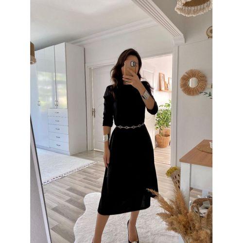 Kadın Uzun Truvakar Kol Bisiklet Yaka Midi Modal Elbise