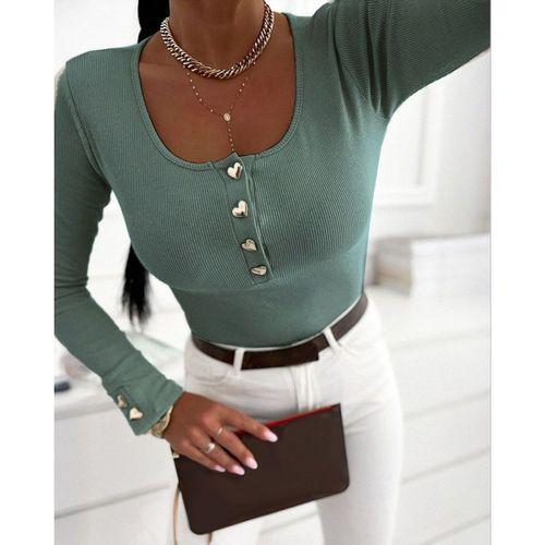 Kadın Uzun Kollu Yakadan Açık Ve Düğme Detaylı Kaşkorse çağla Yeşili Bluz