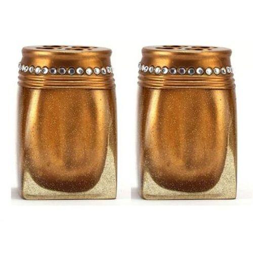 2 Adet Diş Fırçalık Taşlı Altın Poliresin 7X7X10Cm Banyo Seti
