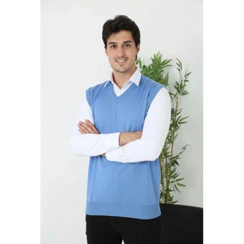 Erkek V Yaka Kolsuz Süveter Triko Kazak Yumuşak Dokulu Pamuklu Ince Dokuma Rahat Regular Kalıp - Mavi