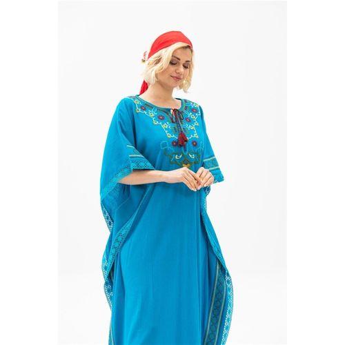 Kısa Kol Şile Bezi Gülseren Uzun Yazlık Otantik Elbise Turkuaz Trkz