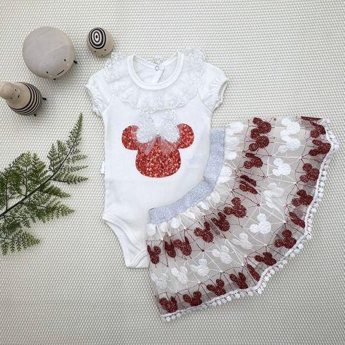 1-2-3 Yaş Payetli Mickey Nakışlı Kısa Kollu Brode Etekli 2li Kız Bebek Takımı Kırmızı