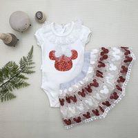 1-2-3 Yaş Payetli Mickey Nakışlı Kısa Kollu Brode Etekli 2li Kız Bebek Takımı Kırmızı