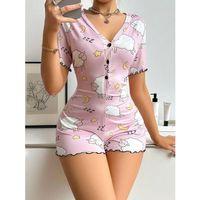 Pamuklu Pembe Kuzu Desenli Düğmeli Uzun Kol Tulum Pijama