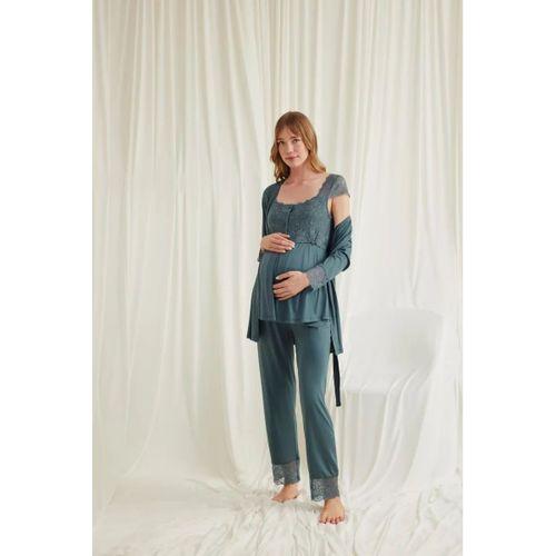 Dantelli Önü Düğmeli Hamile Lohusa 3'lü Viskon Pijama Takımı