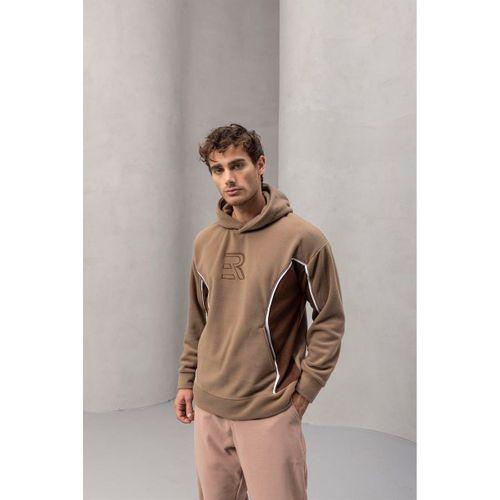 Frank Parçalı Kontrast Desenli Kapüşonlu Oversize Cepli Polar Erkek Sweatshirt - Bej