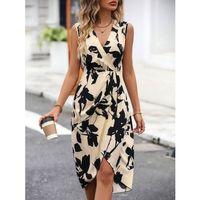 Kadın Sıfır Kol Kruvaze Yaka önden çapraz Kesim Detaylı Desenli Oysho Süprem Elbise