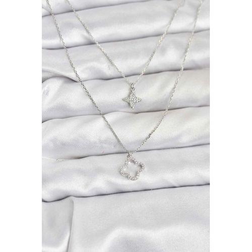 Pirinç Gümüş Renk Yonca Model 2'li Kadın Kolye