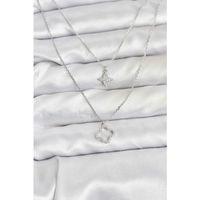 Pirinç Gümüş Renk Yonca Model 2'li Kadın Kolye