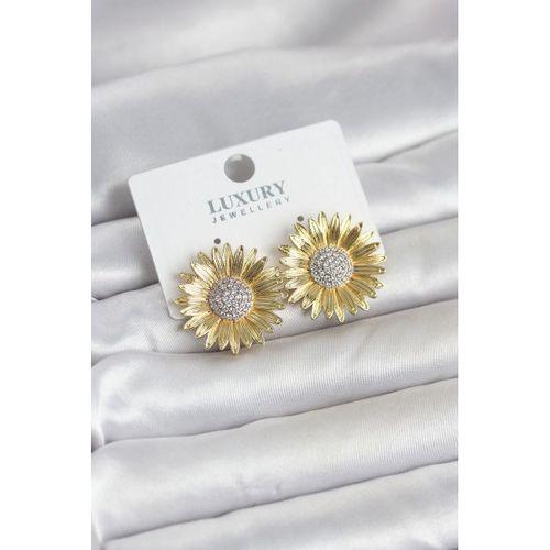 Papatya Model Zirkon Taşlı Pirinç Gold Renk Kadın Küpe