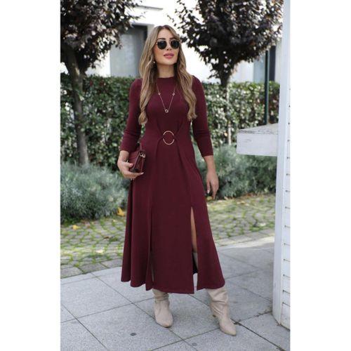 Kadın Uzun Kollu Bisiklet Yaka önden Halka Detaylı Yırtmaçlı Uzun Viskon Iki Iplik Elbise