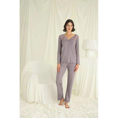 Yakası Kolu Ve Omzu Dantelli Boydan Düğmeli Pijama Takımı