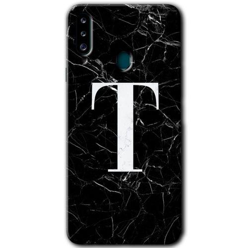 Potkal Hediye Fabrikası Samsung Galaxy A20s HD Baskılı Kılıf + 9D Tam Ekran Koruyucu - Siyah Mermer Desenli T Harfi