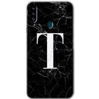 Potkal Hediye Fabrikası Samsung Galaxy A20s HD Baskılı Kılıf + 9D Tam Ekran Koruyucu - Siyah Mermer Desenli T Harfi