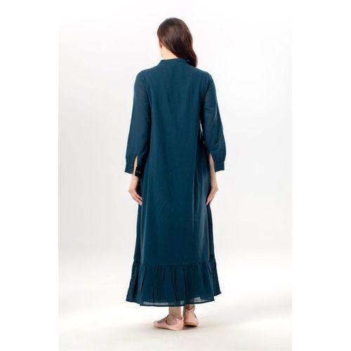 Uzun Kol Neşe Nakış Detaylı Boydan Düğmeli Yazlık Şile Bezi Uzun Elbise Petrol Ptrl