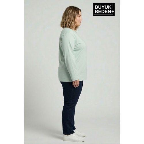 Kadın Büyük Beden Uzun Kollu 2 İplik Bisiklet Yaka Tişört