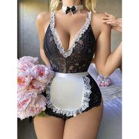 Siyah Dantel İşlemeli Kurdelalı Fransız Hizmetçi Kostümü