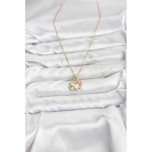 316L Çelik Zincir Gold Renk Pembe Taş Detaylı Çelenk Model Kadın Kolye