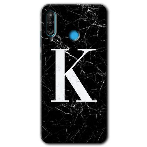 Huawei P30 Lite Kılıf HD Desen Baskılı Arka Kapak + Temperli Cam - Siyah Mermer Desenli K Harfi