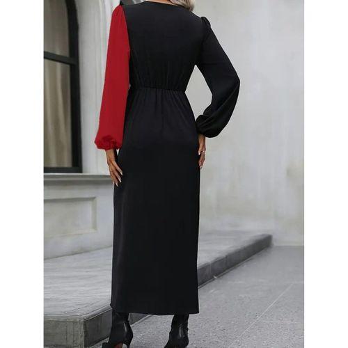 Kadın Uzun Kollu Kruvaze Yakalı Belden çapraz Detaylı çift Renkli Midi Ithal Krep Elbise