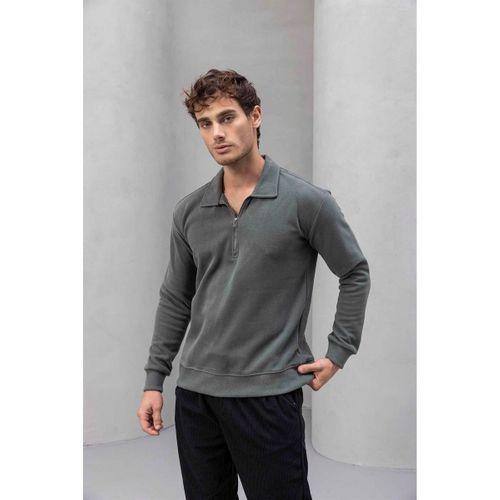 Eric Relax Fit Yarım Fermuarlı Polo Yaka Selanik Kumaş Erkek Sweatshirt - Avcı Yeşili