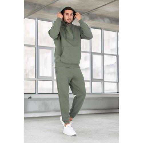 Şardonlu Kanguru Cepli Sweatshirt - 3 İplik Şardonlu Lastik Paça Erkek Eşofman Altı- Eşofman Takımı - Avcı Yeşili
