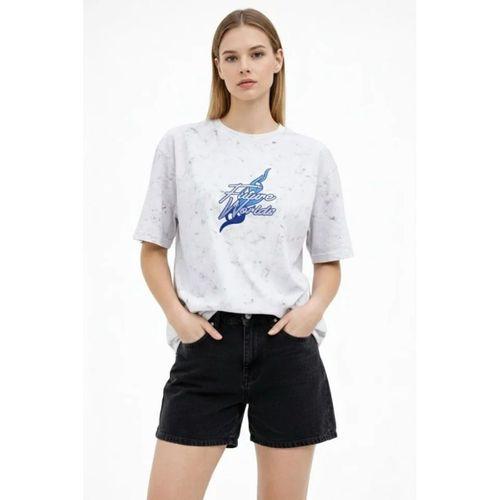 Asit Yıkamalı Oversize Tişört Future Worlds Baskılı Bisiklet Yaka Kısa Kollu Streetwear %100 Pamuk Street Style T-Shirt - Beyaz