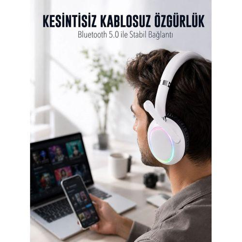 Rgb Işıklı Mikrofonlu Bluetooth Kulaklık Beyaz Over-ear Tasarım Type-c
