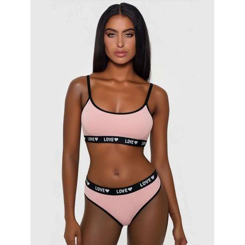 Kadın Pembe Love Yazılı Mayo Bikini Şık Esnek Kumaş Plaj Giyim Özel Tasarım