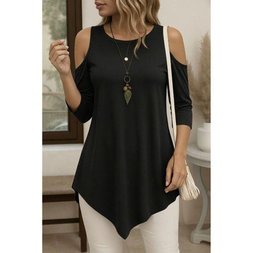 Kadın Omuzlardan Açık Sıfır Yaka Asimetrik Kesim Detay Viskon Bluz