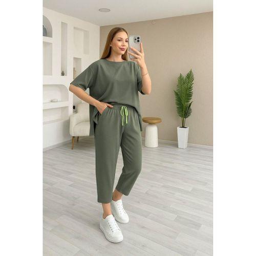 Kadın Kısa Kollu Bisiklet Yaka Viskon Iki Iplik Bluz Ve Pantolon Ikili Takım