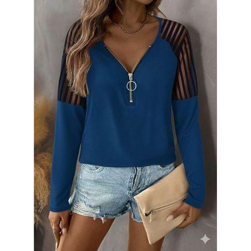 Kadın Uzun Kollu Yakadan Fermuarlı Viskon Bluz