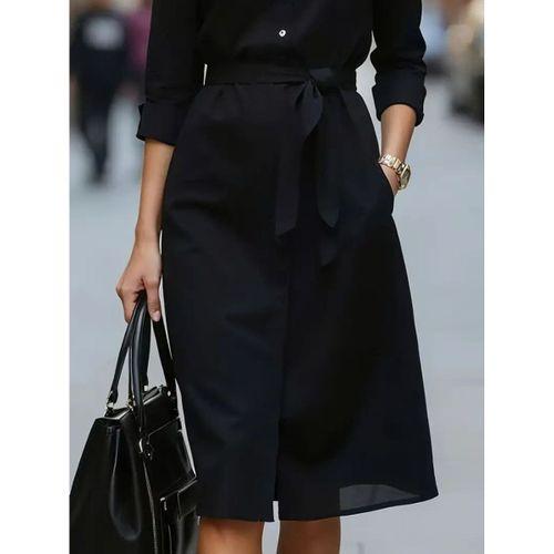 Kadın Uzun Kollu Yakalı Belden Kuşaklı Midi Trikoton Elbise