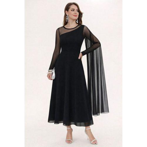 Kadın Uzun Kollu Yarı Balıkçı Yaka Tül Detaylı Uzun Sandy Elbise