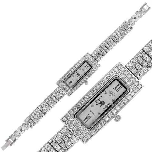 Gümüş Dikdörtgen Zirkon Taşlı Bayan Saat