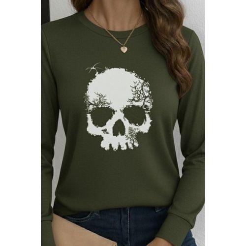 Kadın Uzun Kollu Bisiklet Yaka Kurukafa Desenli Viskon Bluz