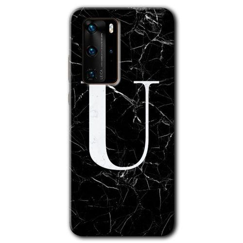 Huawei P40 Pro Kılıf HD Desen Baskılı Arka Kapak - Siyah Mermer Desenli U Harfi + Kırılmaz Cam