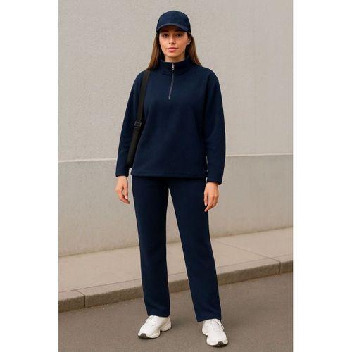 Kadın Balıkçı Yaka Fermuar Detay Polar Sweat Ve Pantolon Ikili Takım
