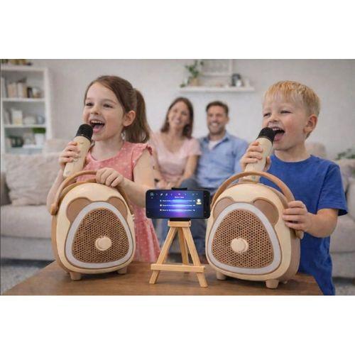 Çocuklara Özel Retro Tasarımlı Bluetooth Karaoke Mikrofon Ve Ahşap Tripodlu – Kahverengi