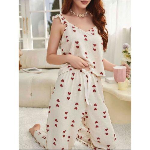 Kadın Ekru Kırmızı Kalp Desenli Yumuşak Pamuklu Uzun Pijama Takımı 5136